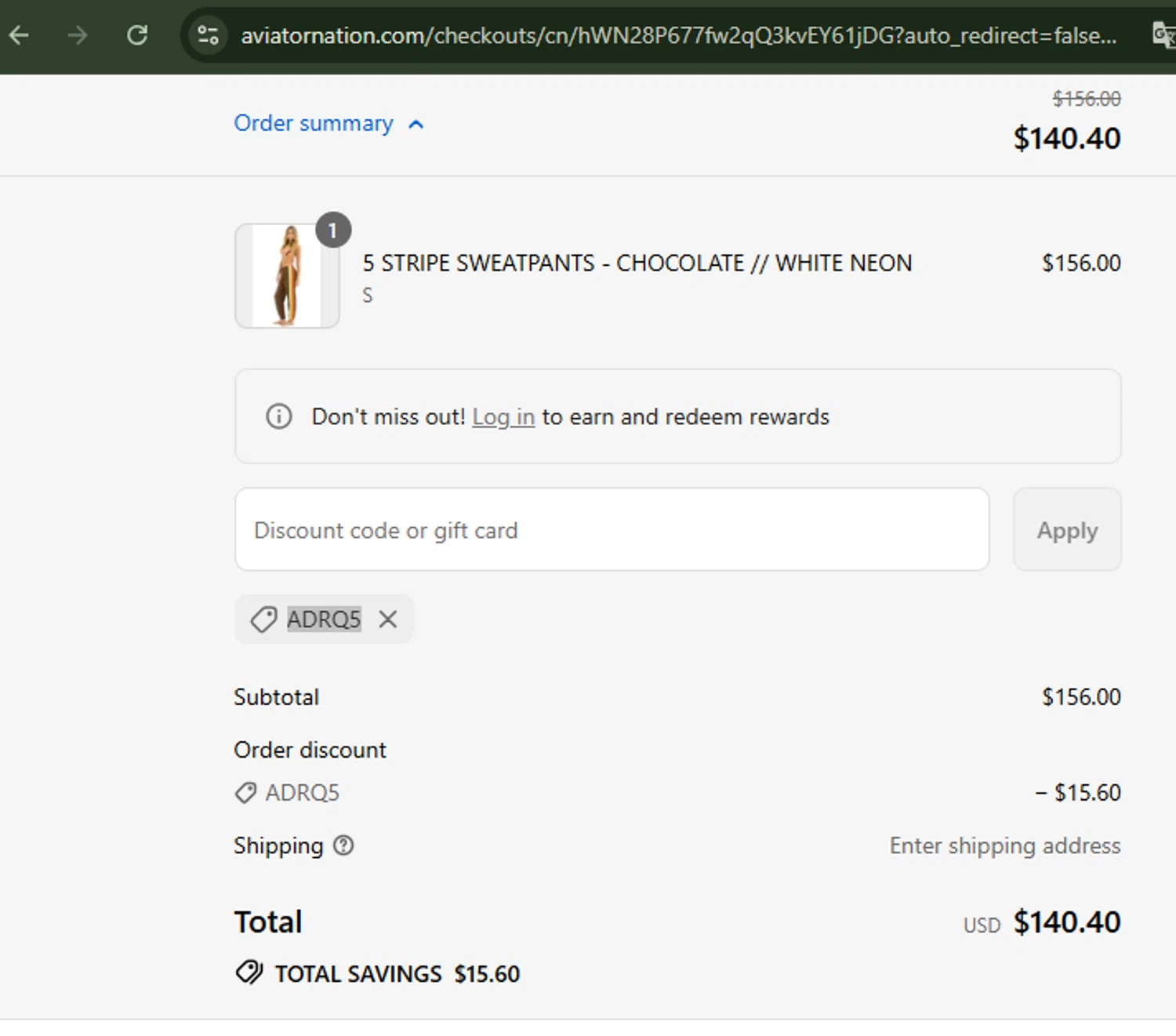 Aviator Nation discount code screenshot showing code ADRQ5 applied at Aviator Nation checkout page. Uploaded by SimplyCodes community member Carolina23 on Aug 23, 2025