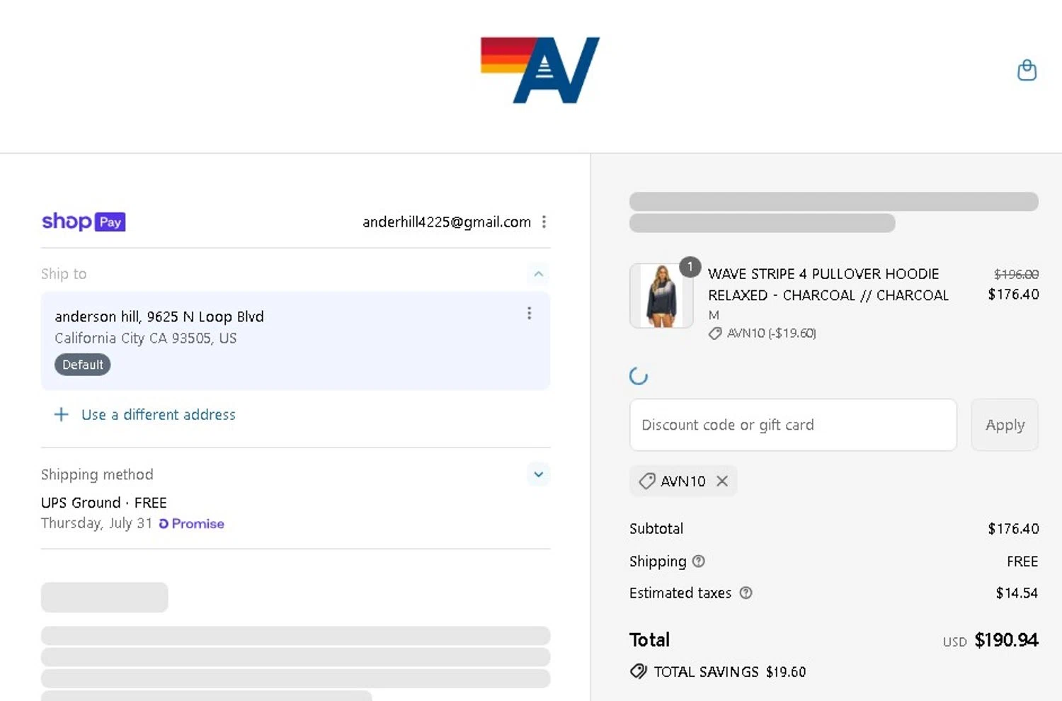 Aviator Nation discount code screenshot showing code AVN10 applied at Aviator Nation checkout page. Uploaded by SimplyCodes community member Elcompa on Jul 28, 2025
