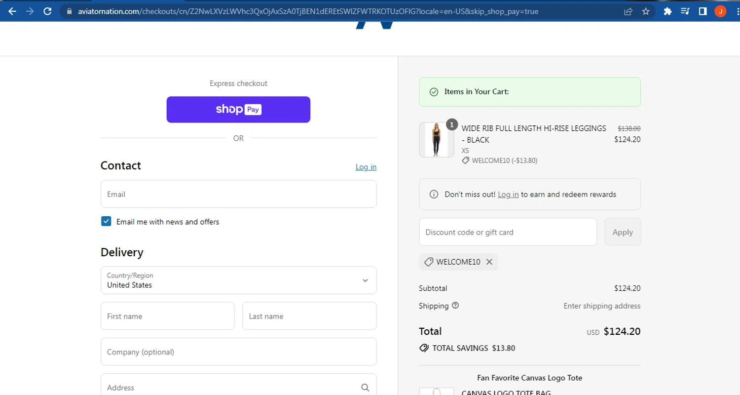 Aviator Nation discount code screenshot showing code WELCOME10 applied at Aviator Nation checkout page. Uploaded by SimplyCodes community member FranquizJoel on Jul 14, 2025