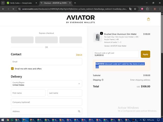 Aviator Wallet checkout page showing Aviator Wallet discount code box | Screenshot taken by SimplyCodes community member on Sep 18, 2025