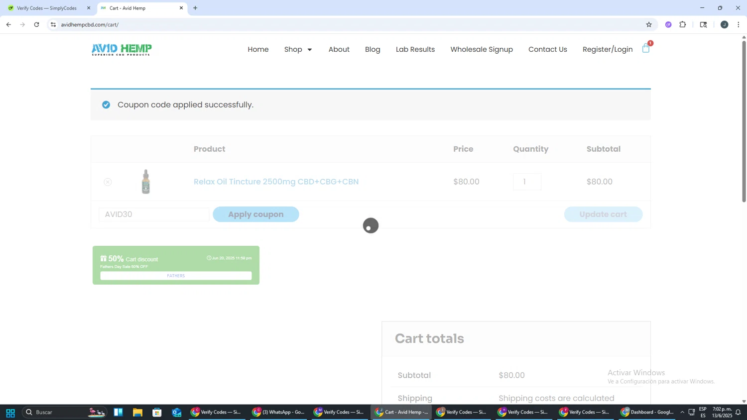 Avid Hemp coupon code screenshot showing code AVID30 applied at Avid Hemp checkout page. Uploaded by SimplyCodes community member AVATIGRITO on Jun 13, 2025