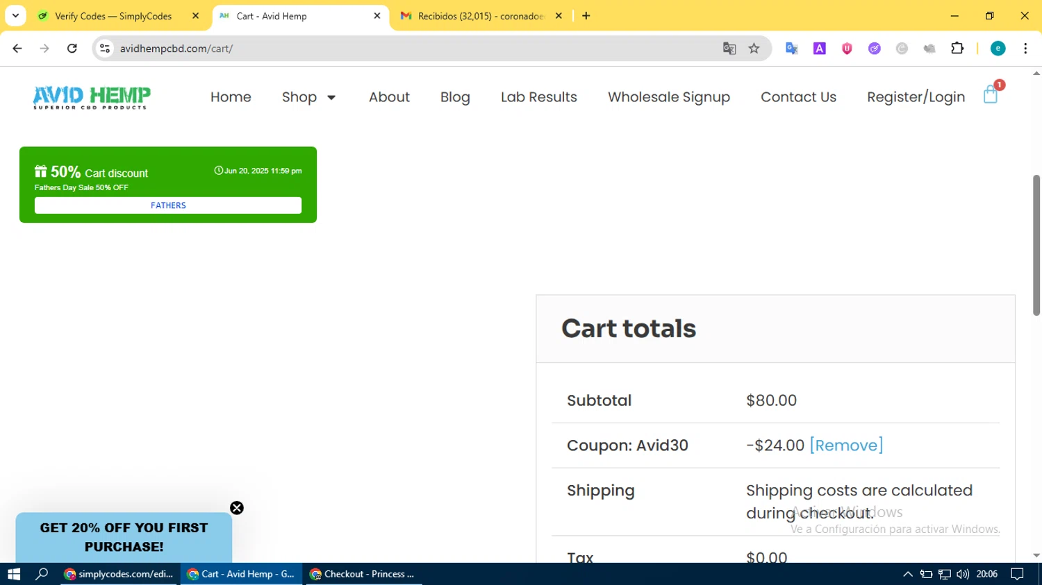 Avid Hemp coupon code screenshot showing code AVID30 applied at Avid Hemp checkout page. Uploaded by SimplyCodes community member BonusVoyager4214 on Jun 21, 2025