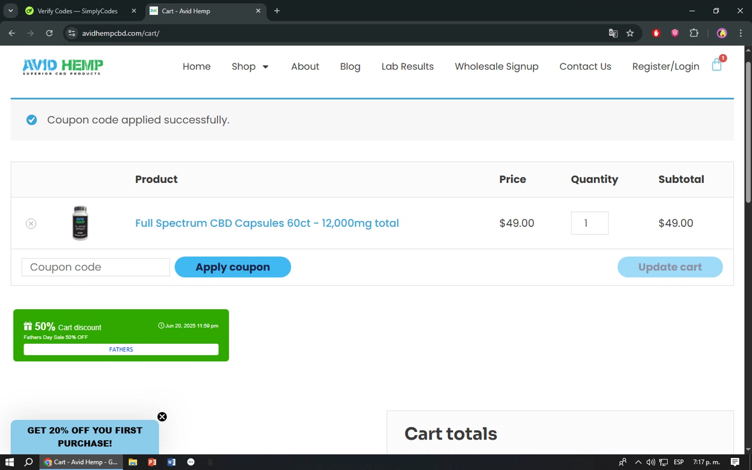 Avid Hemp coupon code screenshot showing code AVID30 applied at Avid Hemp checkout page. Uploaded by SimplyCodes community member TreasureShopper9156 on Jun 20, 2025