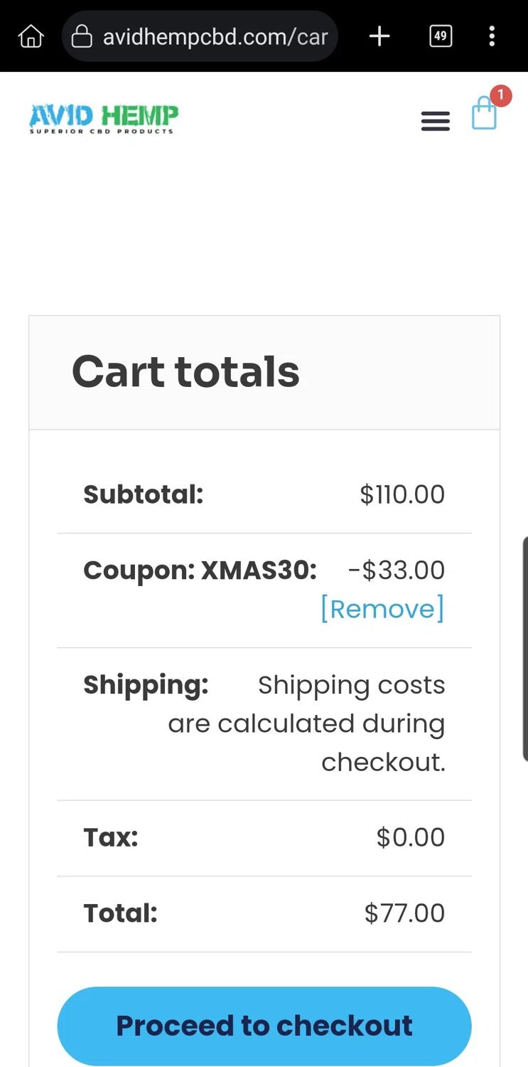 Avid Hemp coupon code screenshot showing code XMAS30 applied at Avid Hemp checkout page. Uploaded by SimplyCodes community member Carloslvz on Jun 13, 2025