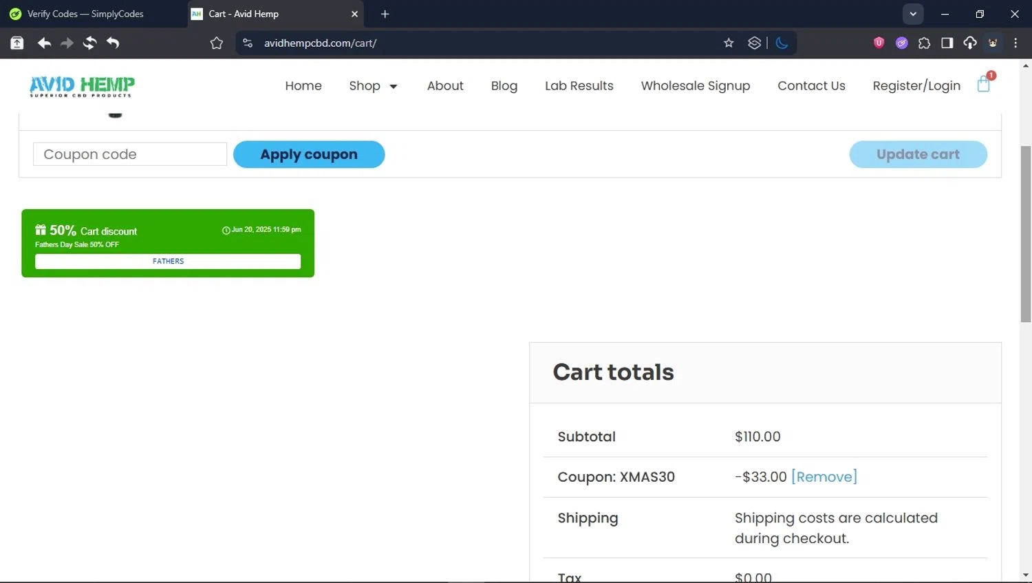 Avid Hemp coupon code screenshot showing code XMAS30 applied at Avid Hemp checkout page. Uploaded by SimplyCodes community member User_Randon1 on Jun 20, 2025
