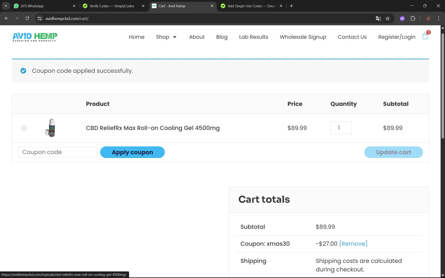 Avid Hemp coupon code screenshot showing code XMAS30 applied at Avid Hemp checkout page. Uploaded by SimplyCodes community member juanx1702 on May 23, 2025