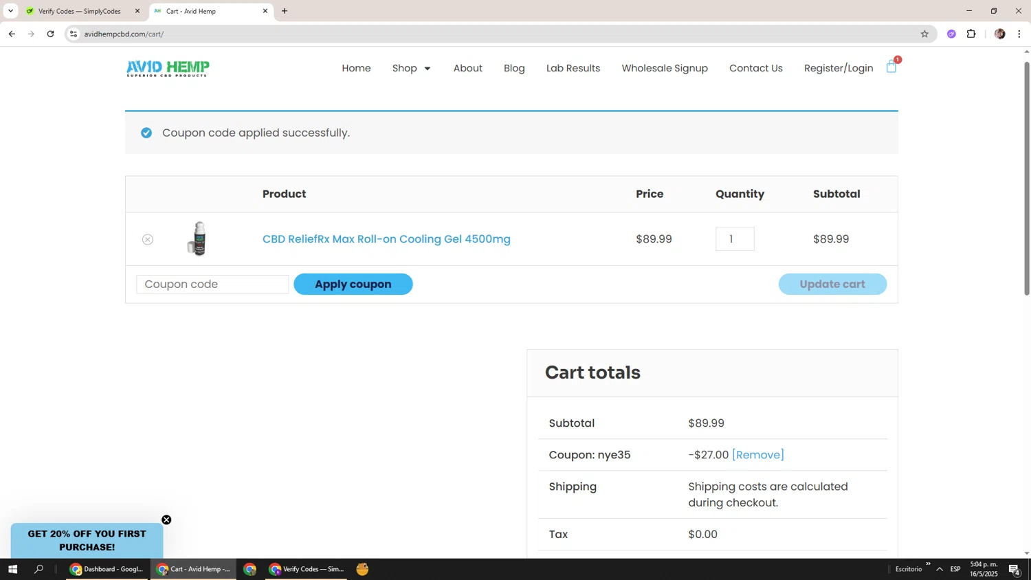 Avid Hemp coupon code screenshot showing code NYE35 applied at Avid Hemp checkout page. Uploaded by SimplyCodes community member Levi_Ackerman on May 16, 2025