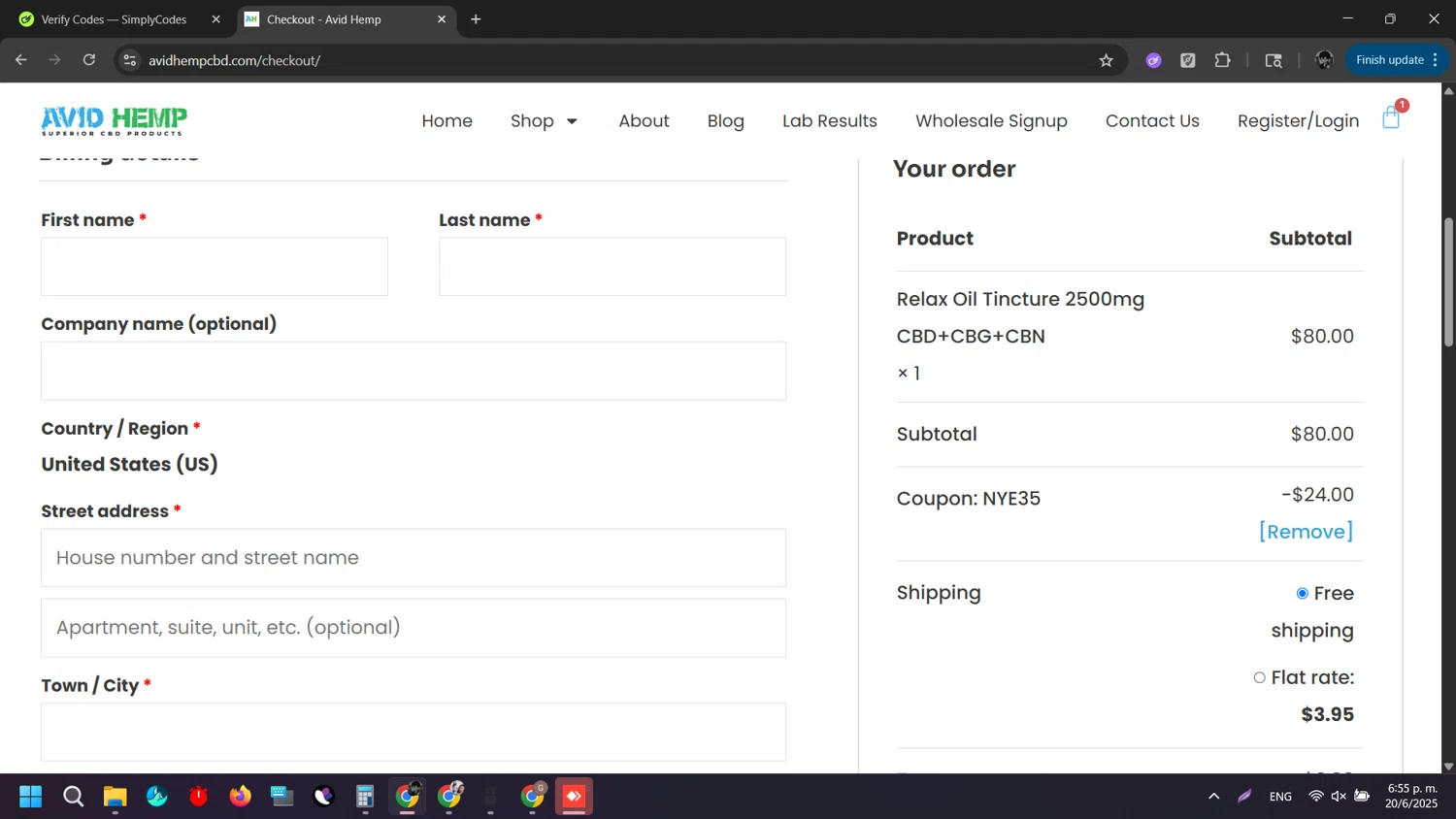 Avid Hemp coupon code screenshot showing code NYE35 applied at Avid Hemp checkout page. Uploaded by SimplyCodes community member Rei_Chikita_uwu on Jun 20, 2025