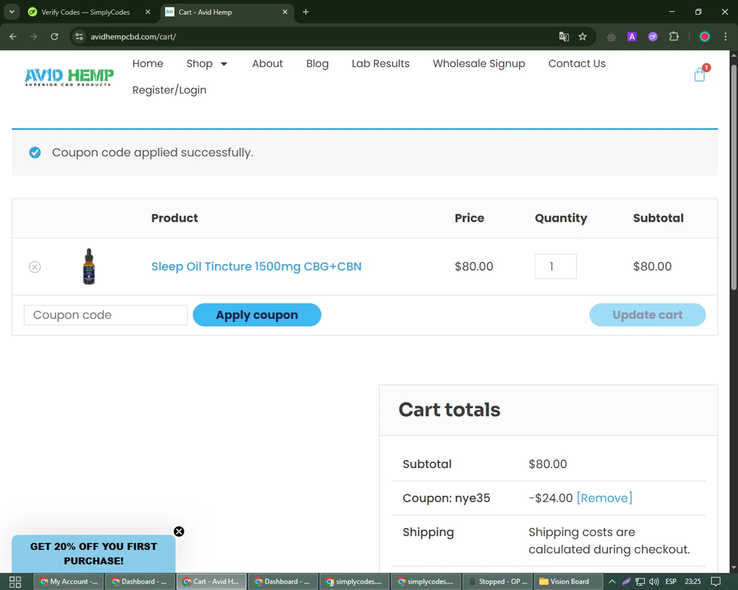 Avid Hemp coupon code screenshot showing code NYE35 applied at Avid Hemp checkout page. Uploaded by SimplyCodes community member james_smith on May 23, 2025