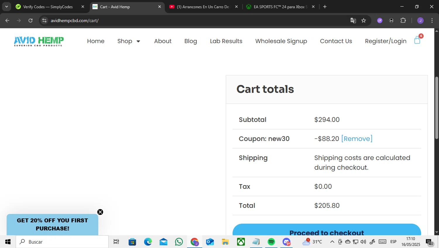 Avid Hemp coupon code screenshot showing code NEW30 applied at Avid Hemp checkout page. Uploaded by SimplyCodes community member ENCARAMESSI on May 16, 2025