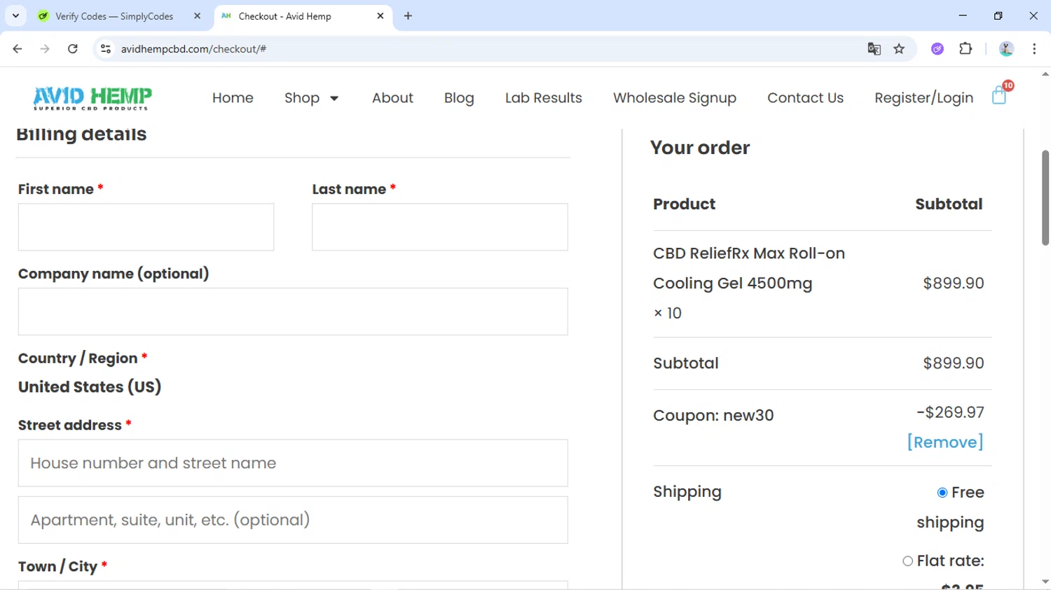 Avid Hemp coupon code screenshot showing code NEW30 applied at Avid Hemp checkout page. Uploaded by SimplyCodes community member MoneyMaverick9441 on May 23, 2025
