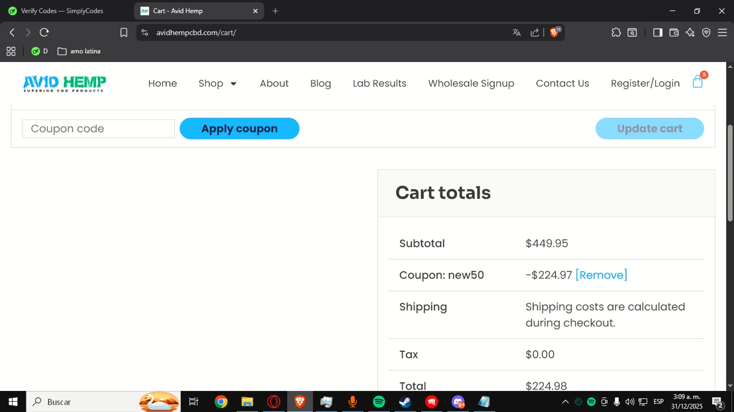 Avid Hemp coupon code screenshot showing code NEW50 applied at Avid Hemp checkout page. Uploaded by SimplyCodes community member Alegre on Dec 31, 2025