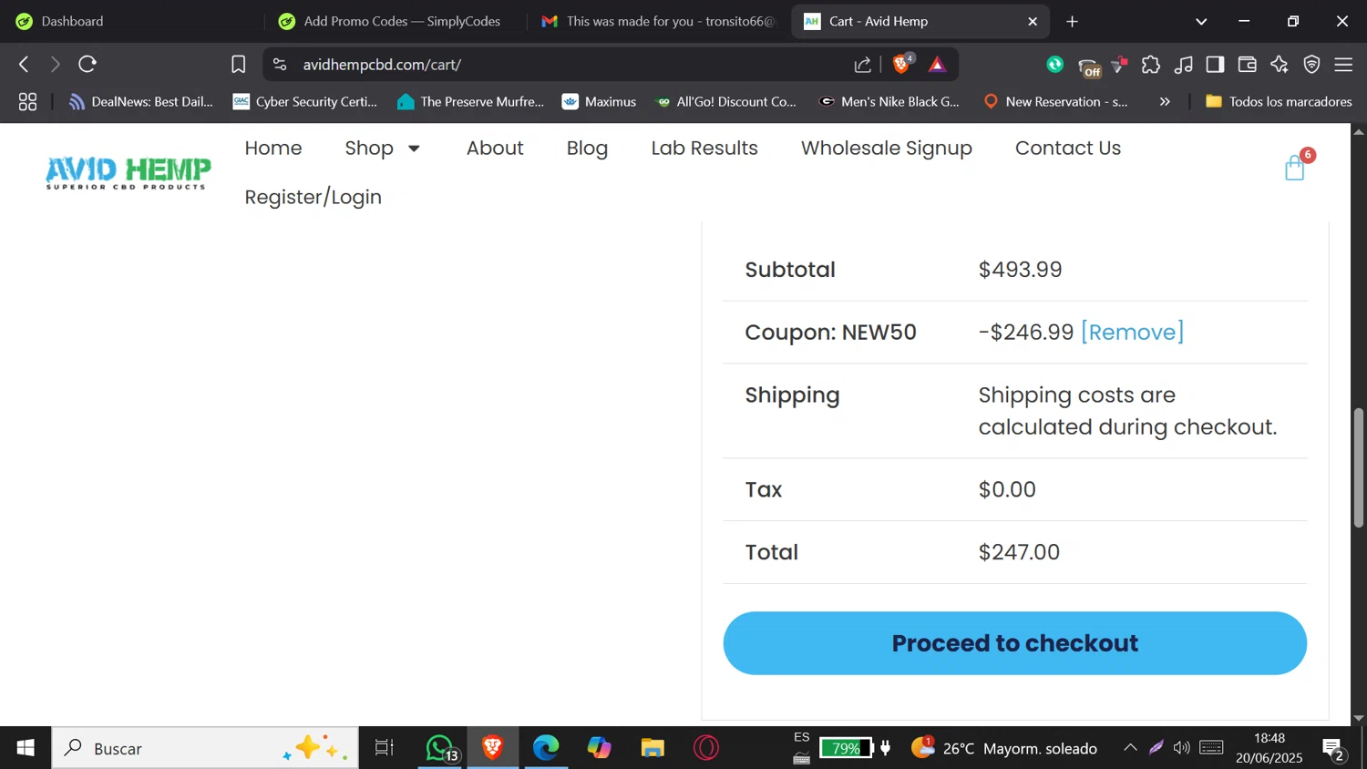 Avid Hemp coupon code screenshot showing code NEW50 applied at Avid Hemp checkout page. Uploaded by SimplyCodes community member Jeffersontorrealba on Jun 20, 2025