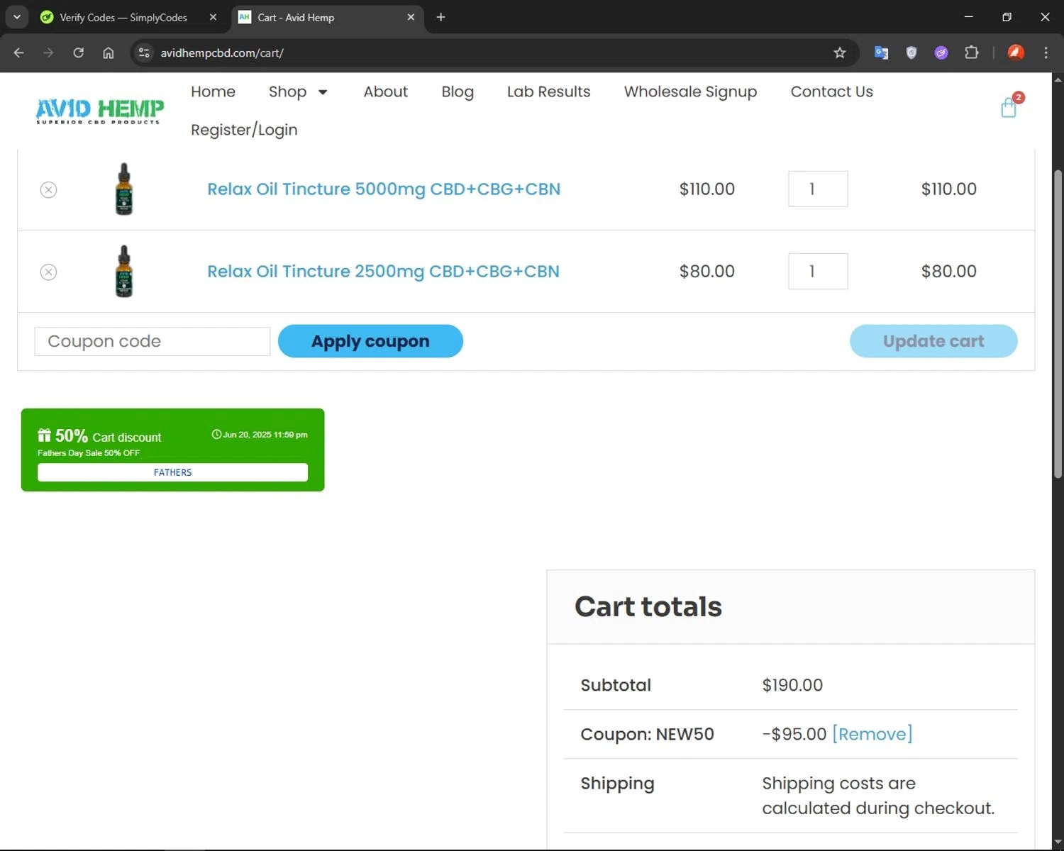 Avid Hemp coupon code screenshot showing code NEW50 applied at Avid Hemp checkout page. Uploaded by SimplyCodes community member xReTuMa14x on Jun 13, 2025