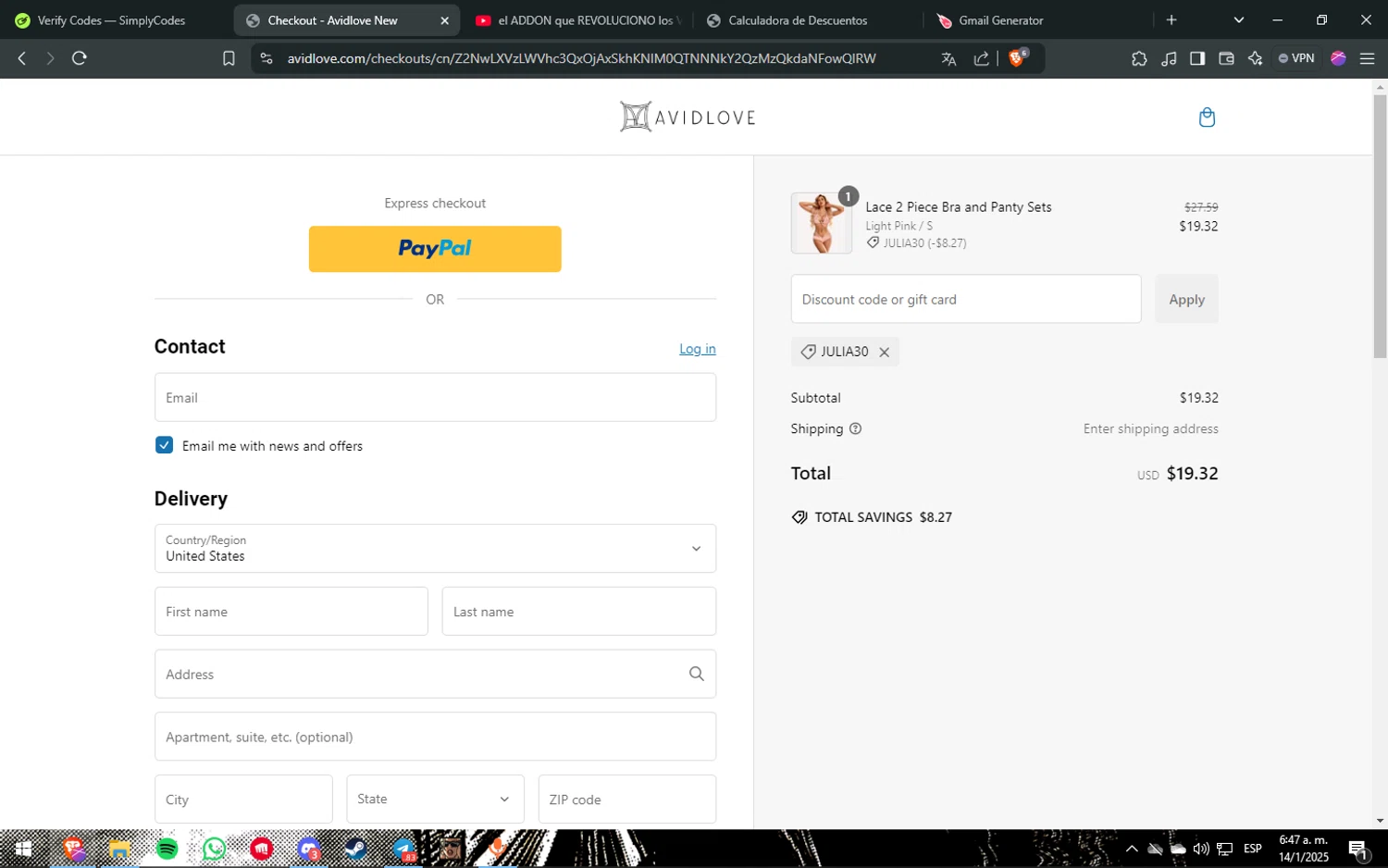 Avidlove discount code screenshot showing code JULIA30 applied at Avidlove checkout page. Uploaded by SimplyCodes community member Freeman on Jan 14, 2025