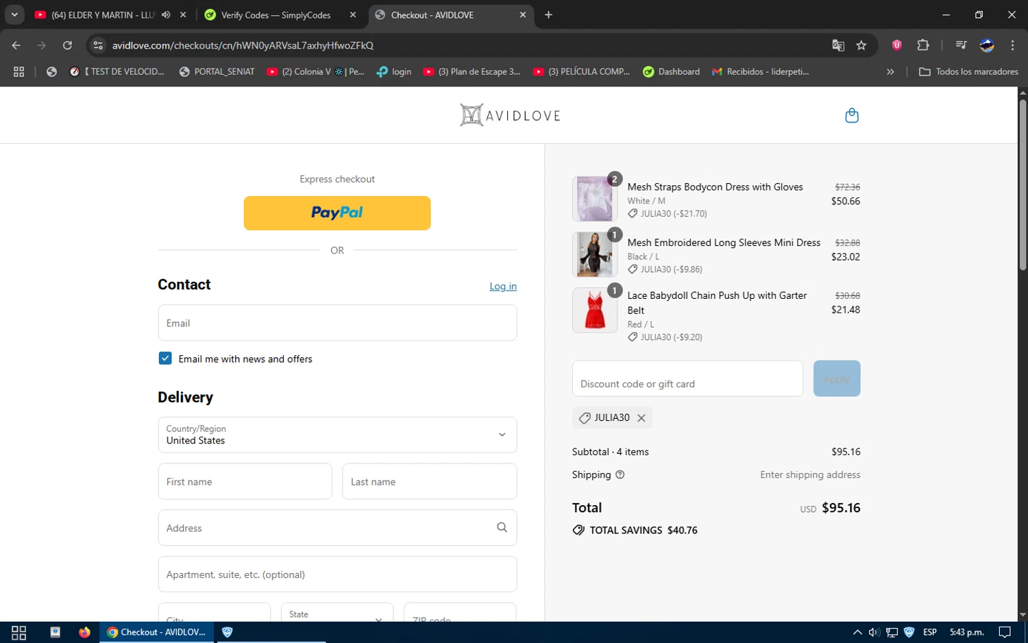 Avidlove discount code screenshot showing code JULIA30 applied at Avidlove checkout page. Uploaded by SimplyCodes community member SavvySage3352 on Jul 23, 2025