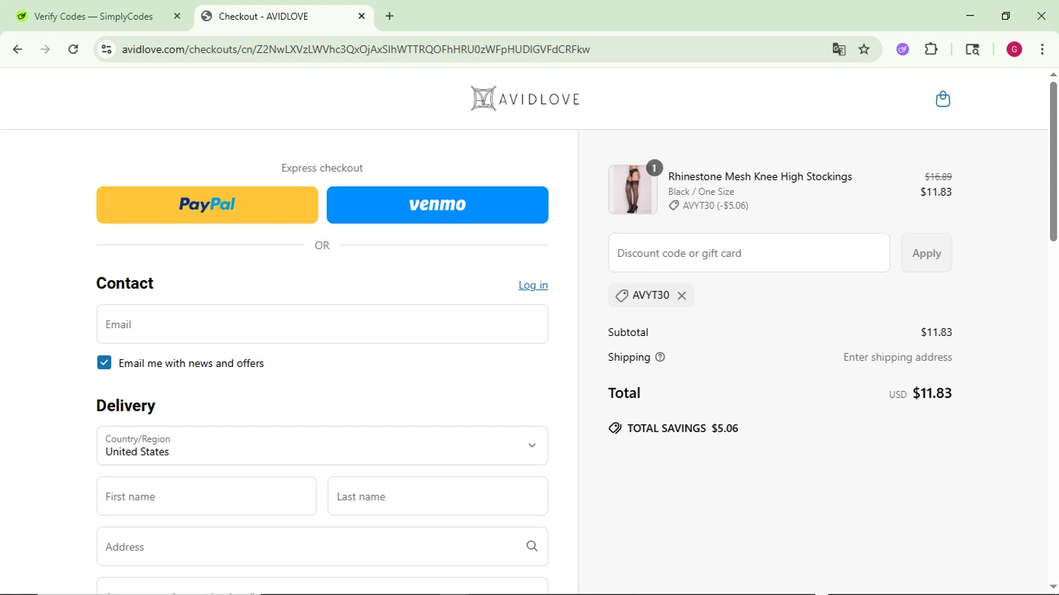 Avidlove discount code screenshot showing code AVYT30 applied at Avidlove checkout page. Uploaded by SimplyCodes community member CrownFinder3074 on Jun 16, 2025