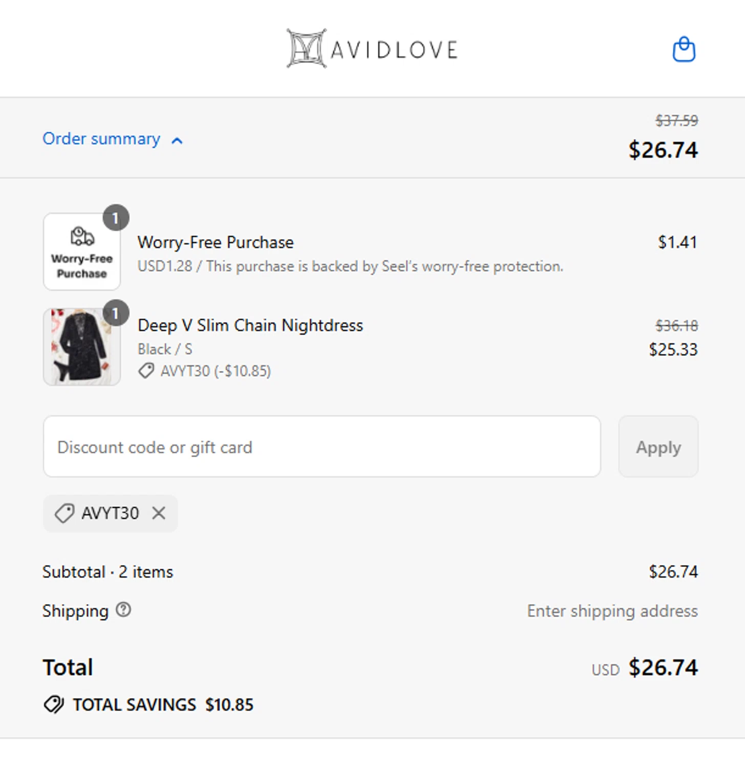 Avidlove discount code screenshot showing code AVYT30 applied at Avidlove checkout page. Uploaded by SimplyCodes community member Pinkicuat on Aug 17, 2025