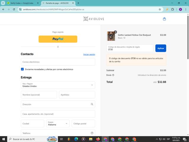 Avidlove checkout page showing Avidlove discount code box | Screenshot taken by SimplyCodes community member on Sep 9, 2025