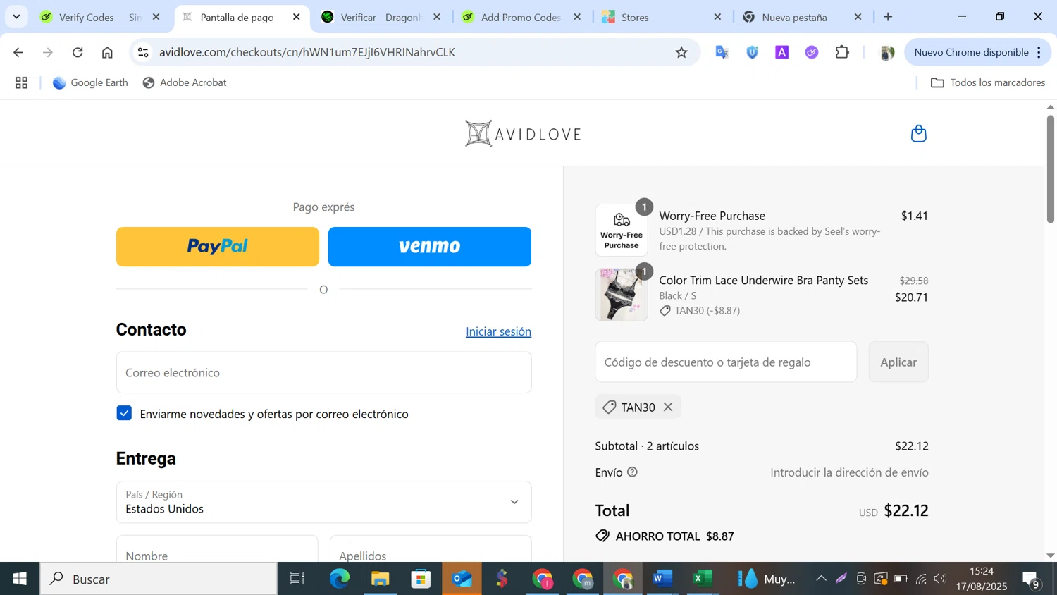 Avidlove discount code screenshot showing code tan30 applied at Avidlove checkout page. Uploaded by SimplyCodes community member NobleMonarch5837 on Aug 17, 2025