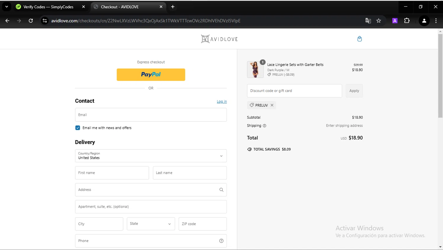 Avidlove discount code screenshot showing code PRELUV applied at Avidlove checkout page. Uploaded by SimplyCodes community member CarlesPlanas on Feb 23, 2025