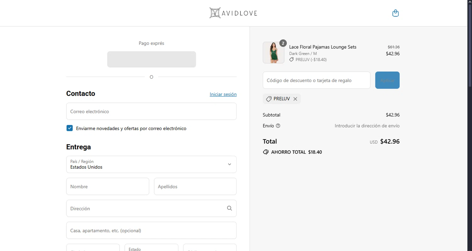 Avidlove discount code screenshot showing code PRELUV applied at Avidlove checkout page. Uploaded by SimplyCodes community member MoneyScout2554 on Aug 13, 2025