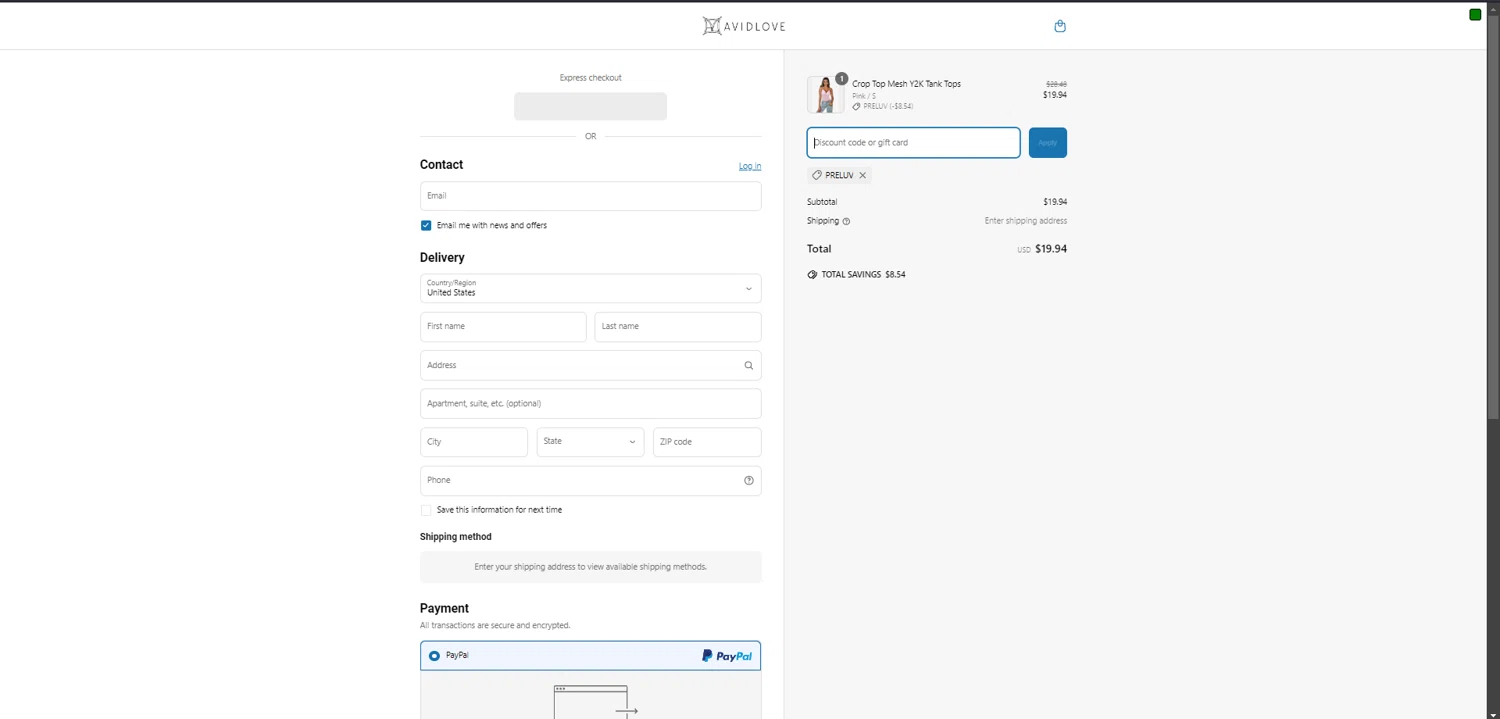 Avidlove discount code screenshot showing code PRELUV applied at Avidlove checkout page. Uploaded by SimplyCodes community member RINITOSHI on Apr 6, 2025