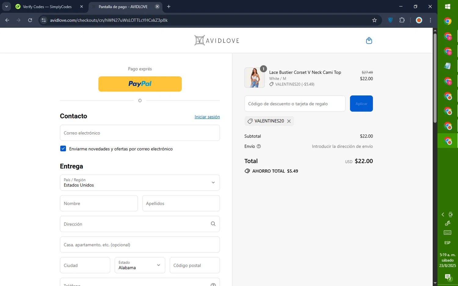 Avidlove discount code screenshot showing code VALENTINES20 applied at Avidlove checkout page. Uploaded by SimplyCodes community member GoldPilot5958 on Aug 23, 2025