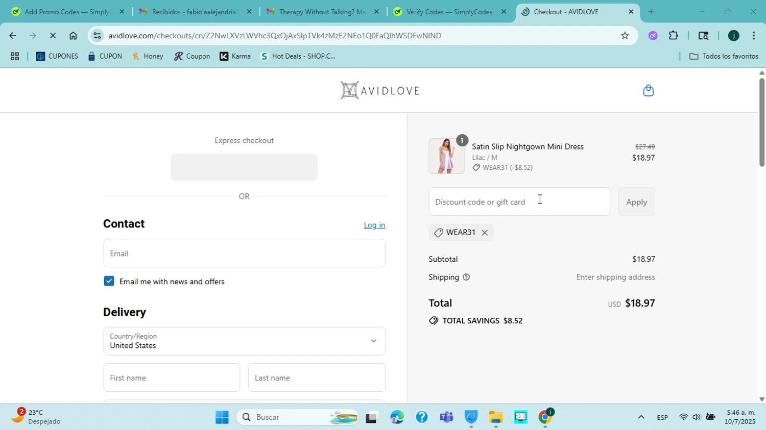 Avidlove discount code screenshot showing code WEAR31 applied at Avidlove checkout page. Uploaded by SimplyCodes community member ABHF23 on Jul 10, 2025