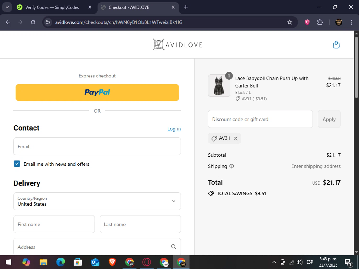 Avidlove discount code screenshot showing code AV31 applied at Avidlove checkout page. Uploaded by SimplyCodes community member abrahanv on Jul 23, 2025