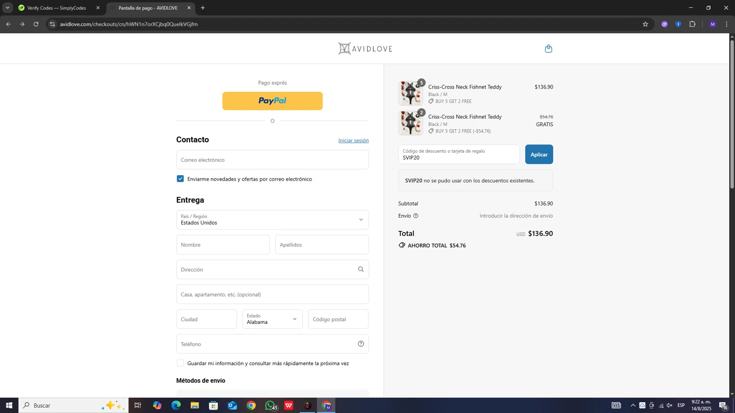 Avidlove discount code screenshot showing code SVIP20 applied at Avidlove checkout page. Uploaded by SimplyCodes community member messsss on Aug 14, 2025