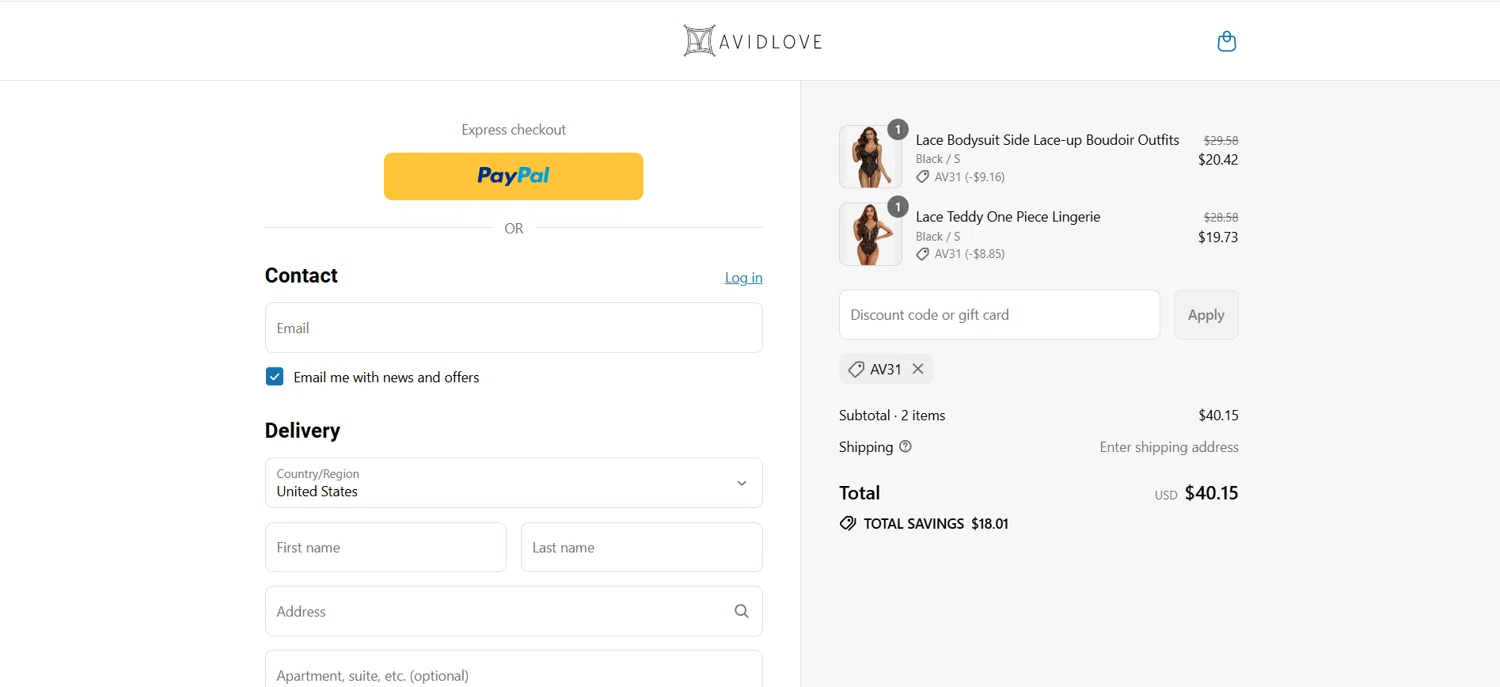 Avidlove discount code screenshot showing code AV31 applied at Avidlove checkout page. Uploaded by SimplyCodes community member HoneyJean on Jul 13, 2025
