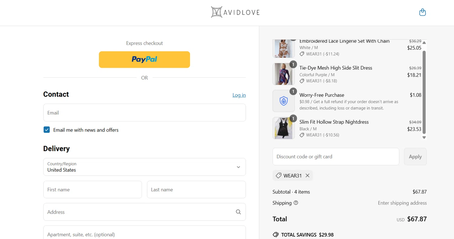 Avidlove discount code screenshot showing code WEAR31 applied at Avidlove checkout page. Uploaded by SimplyCodes community member jade5416625024720 on Jun 23, 2025