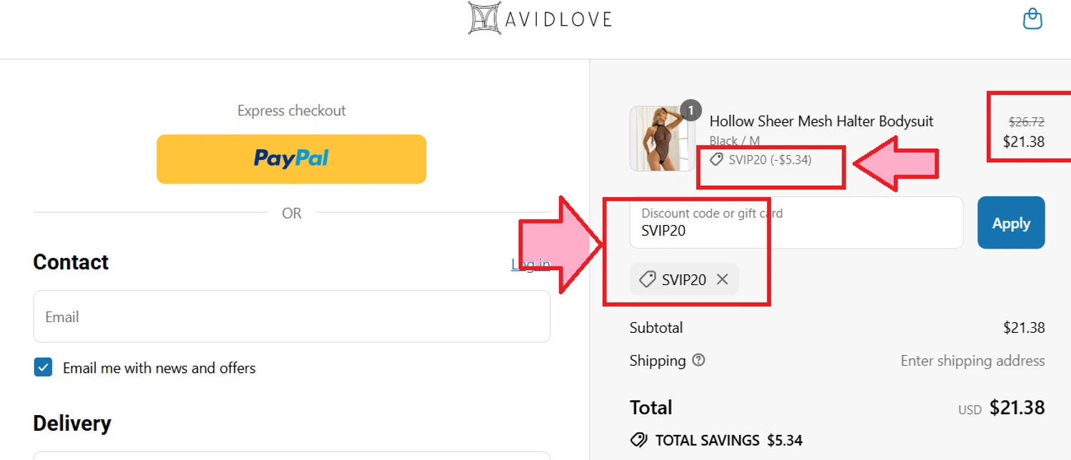 Avidlove discount code screenshot showing code SVIP20 applied at Avidlove checkout page. Uploaded by SimplyCodes community member kattylar on Aug 14, 2025