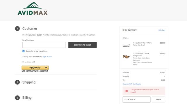 AvidMax checkout page showing AvidMax coupon code box | Screenshot taken by SimplyCodes community member on May 5, 2021