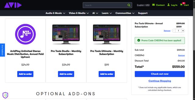 Avid Technology checkout page showing Avid Technology promo code box | Screenshot taken by SimplyCodes community member on Jul 12, 2025