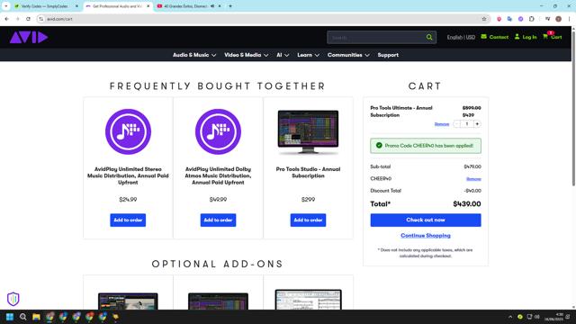 Avid Technology checkout page showing Avid Technology promo code box | Screenshot taken by SimplyCodes community member on Jun 16, 2025