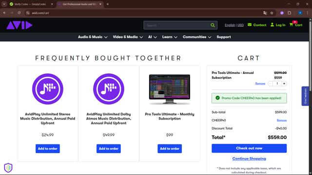 Avid Technology checkout page showing Avid Technology promo code box | Screenshot taken by SimplyCodes community member on Jun 9, 2025