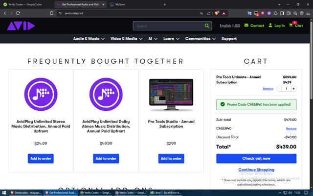 Avid Technology checkout page showing Avid Technology promo code box | Screenshot taken by SimplyCodes community member on Jun 19, 2025