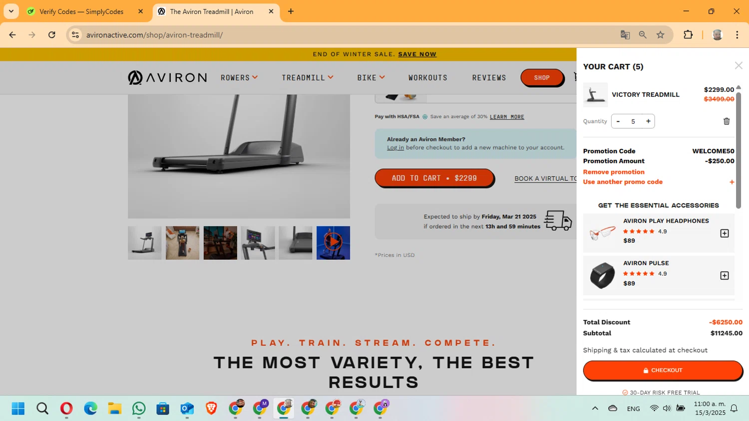 Aviron promo code screenshot showing code WELCOME50 applied at Aviron checkout page. Uploaded by SimplyCodes community member ManuelF on Mar 15, 2025