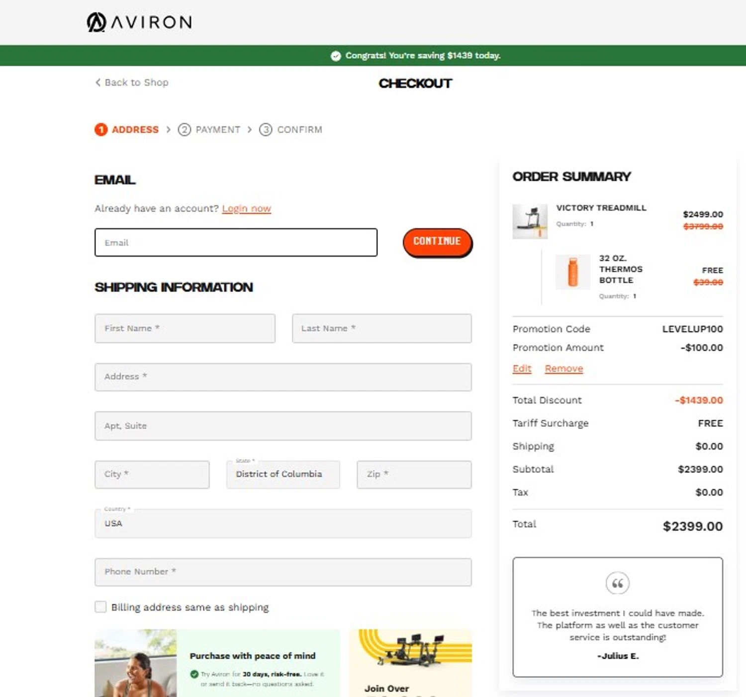 Aviron promo code screenshot showing code LEVELUP100 applied at Aviron checkout page. Uploaded by SimplyCodes community member FortunateScholar5901 on Nov 13, 2025