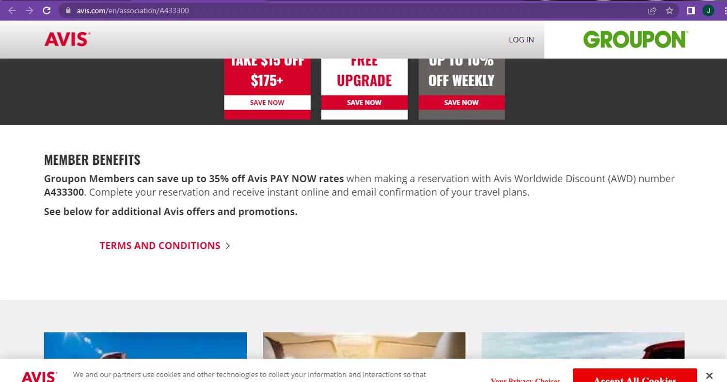 Avis checkout page showing Avis coupon code box | Screenshot taken by SimplyCodes community member on Oct 8, 2024