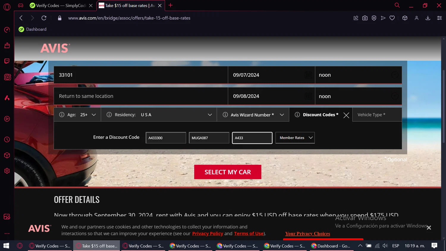 Avis checkout page showing Avis coupon code box | Screenshot taken by SimplyCodes community member on Sep 6, 2024