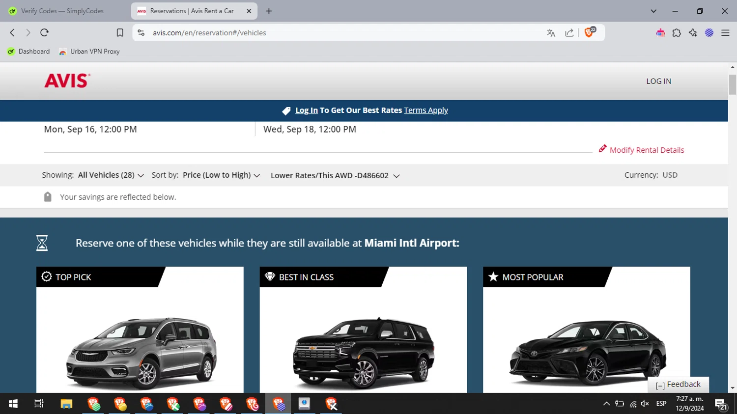 Avis checkout page showing Avis coupon code box | Screenshot taken by SimplyCodes community member on Sep 12, 2024