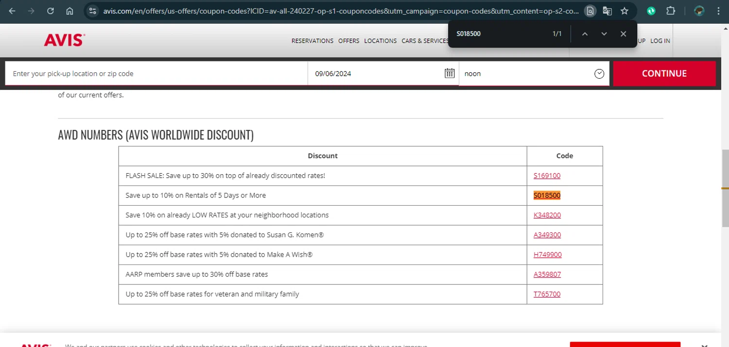 Avis checkout page showing Avis coupon code box | Screenshot taken by SimplyCodes community member on Sep 5, 2024