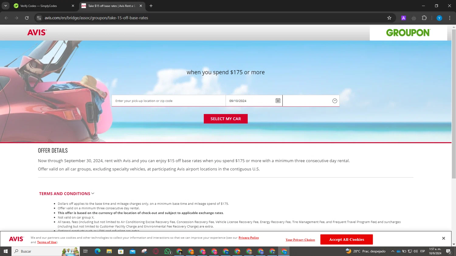Avis checkout page showing Avis coupon code box | Screenshot taken by SimplyCodes community member on Sep 10, 2024