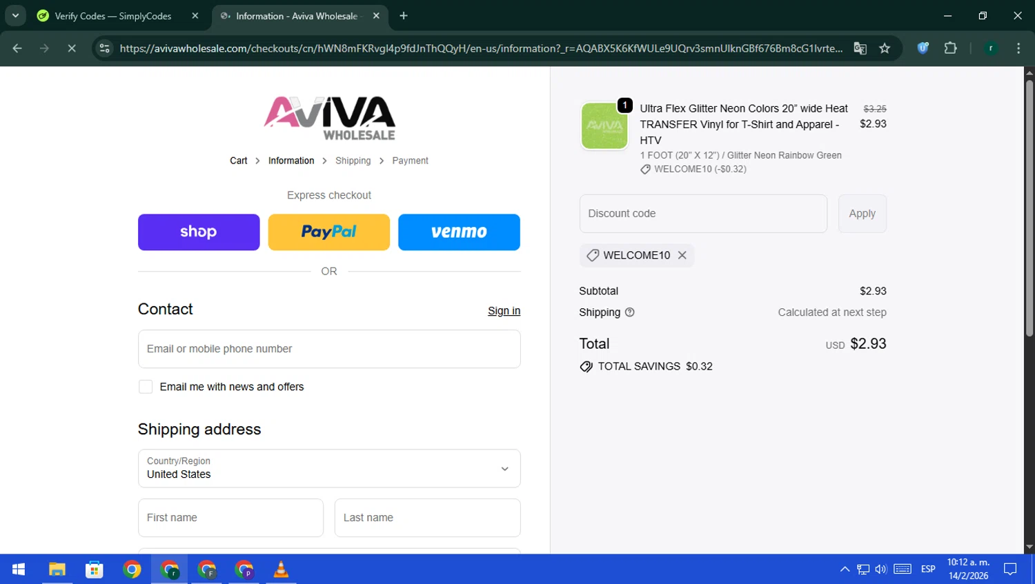 Aviva Wholesale discount code screenshot showing code WELCOME10 applied at Aviva Wholesale checkout page. Uploaded by SimplyCodes community member rodri1 on Feb 14, 2026
