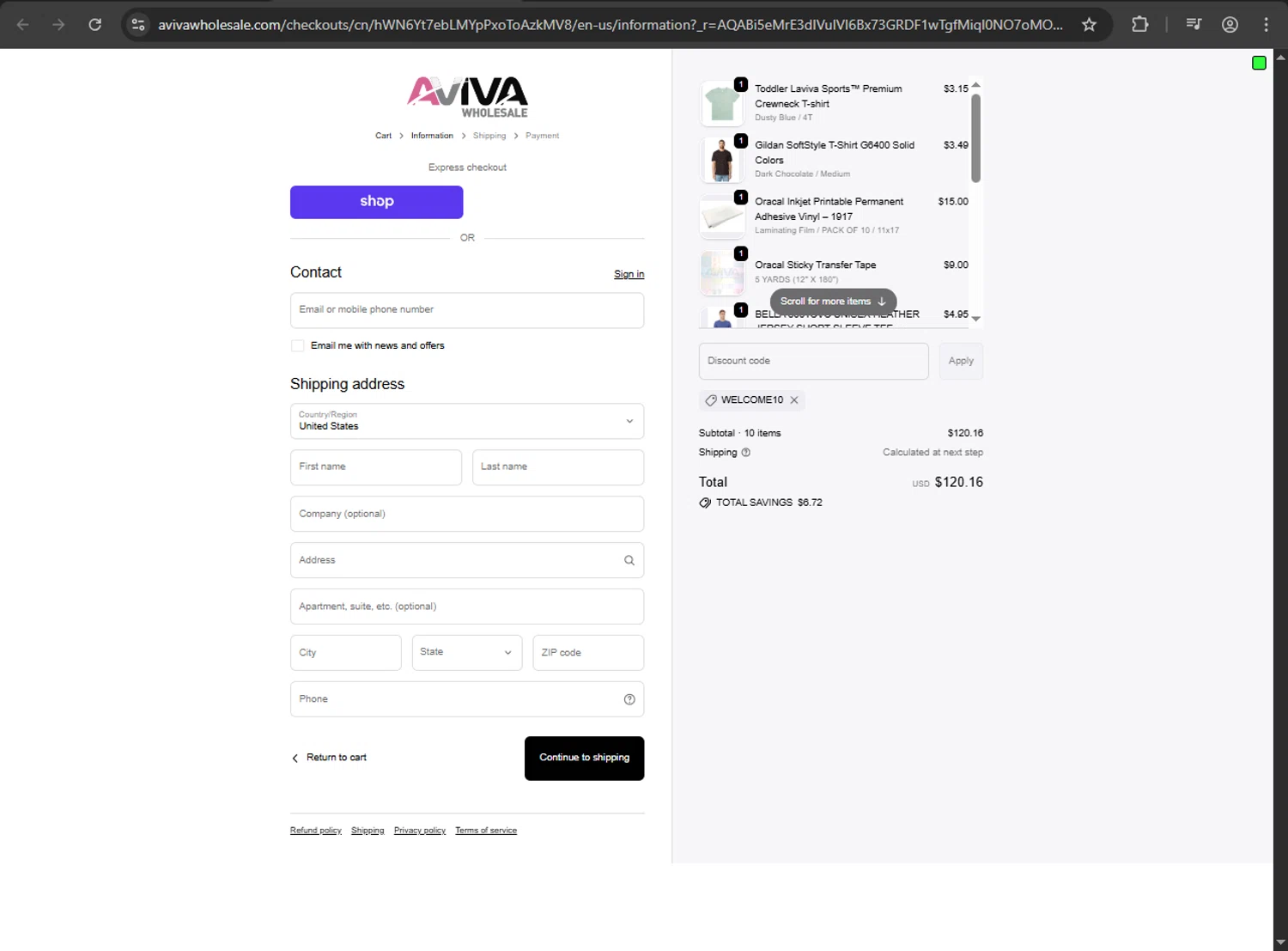 Aviva Wholesale discount code screenshot showing code WELCOME10 applied at Aviva Wholesale checkout page. Uploaded by SimplyCodes community member yessy37 on Dec 18, 2025