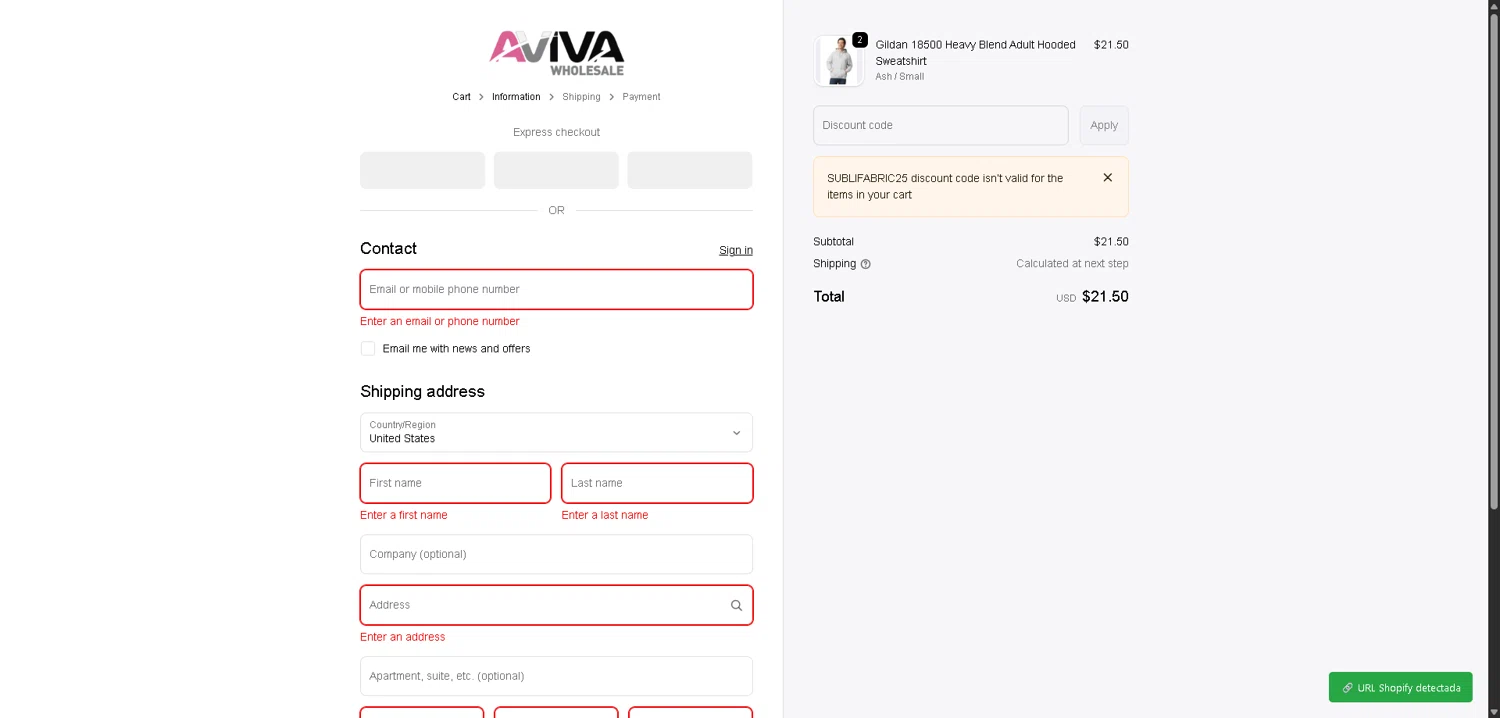 Aviva Wholesale checkout page showing Aviva Wholesale discount code box | Screenshot taken by SimplyCodes community member on Feb 1, 2026