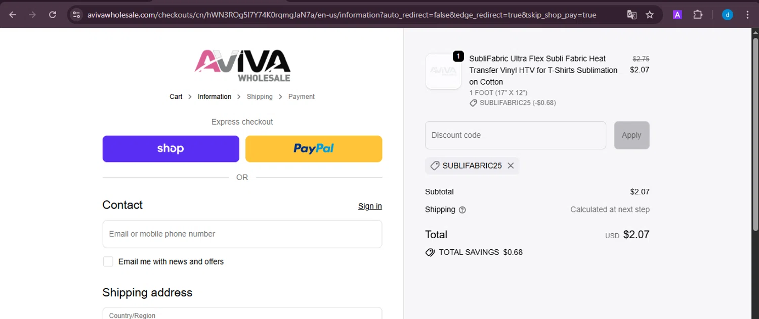 Aviva Wholesale discount code screenshot showing code SUBLIFABRIC25 applied at Aviva Wholesale checkout page. Uploaded by SimplyCodes community member ShieldKnight4744 on Sep 27, 2025